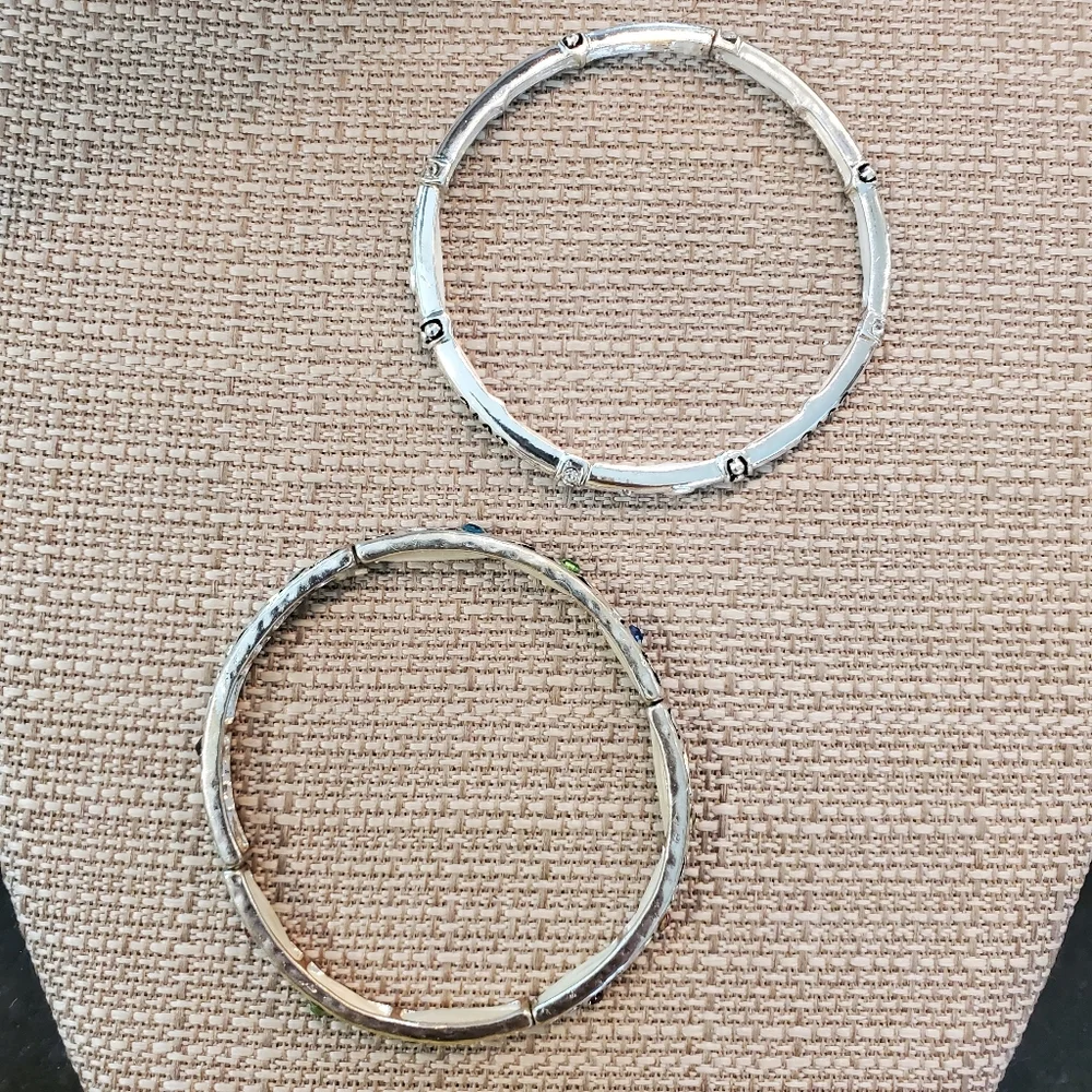 Set of 2 silvertone elastic bangles w/ pastel rhinestone details, love, hearts